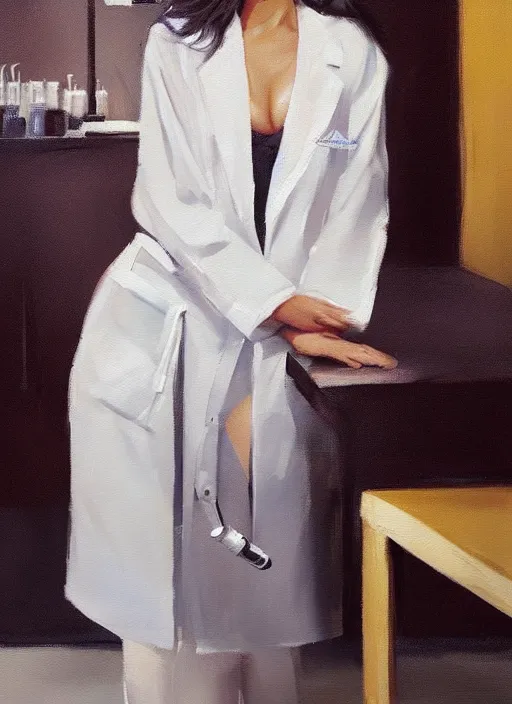 Image similar to demi rose wearing a labcoat in a biology lab, microscope on the table, expressive oil painting, matte art, trending on artstation, sunlit, octane render, brushstrokes, beautiful face portrait, beautiful lighting