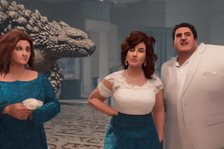 Image similar to a still from My Big Fat Greek wedding, wedding, wedding, with Fox McCloud and godzilla, octane render, nvidia raytracing demo, masterpiece