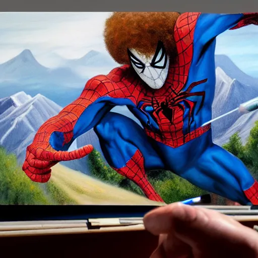 Image similar to a closeup photorealistic photograph of bob ross working on a canvas painting of spiderman. film still. brightly lit scene. mountains and trees. this 4 k hd image is trending on artstation, featured on behance, well - rendered, extra crisp, features intricate detail, epic composition and the style of unreal engine.