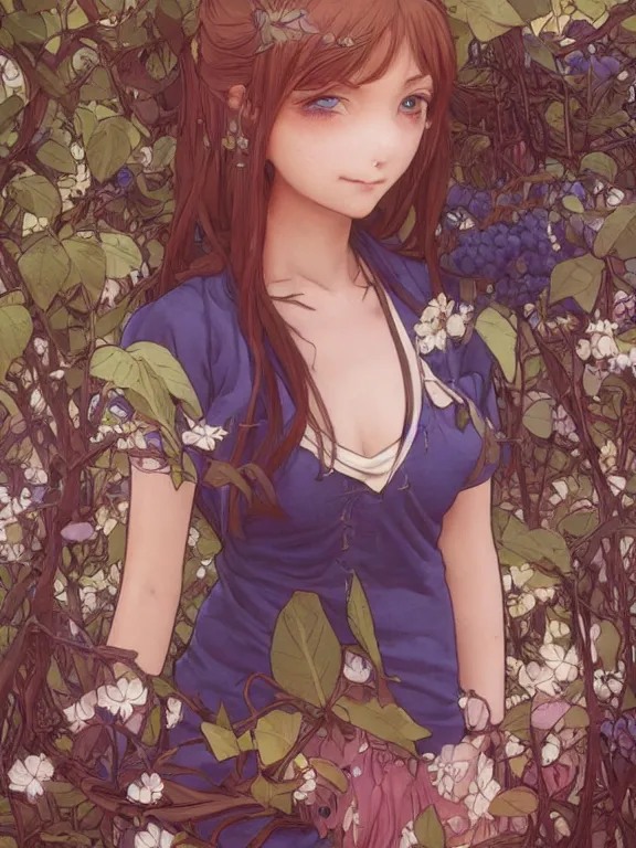 Image similar to full body picture of a blueberry neighborhood girl looking at the camera, cynical, bored, beautiful and aesthetic, intricate, unreal engine, messy hair, highly detailed, detailed face, smooth, sharp focus, chiaroscuro, manga illustration, artgerm, greg rutkowski, alphonse mucha, young adult light novel cover art