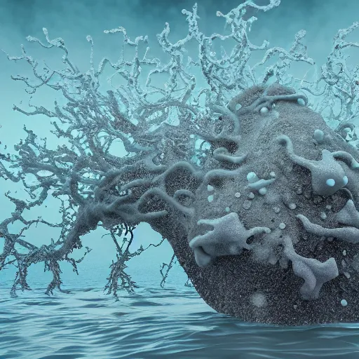 Image similar to a dendritic monster emerging from the ocean, sea waves, vray, 55mm