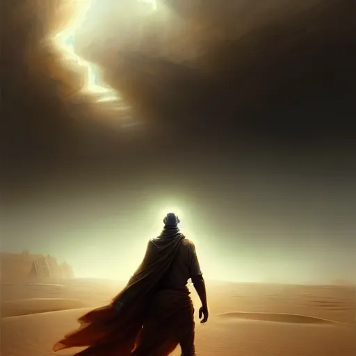 Prompt: a wanderer in a desert sandstorm city, dramatic lighting, city background, daylight, chiaroscuro, high detail, painted by greg rutkowski, painted by igor kieryluk, painted by raymond swanland, trending on artstation