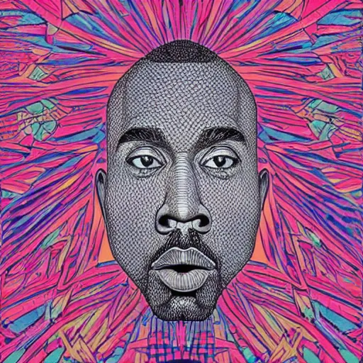 Image similar to Geometrically surreal Kanye, extremely high detail, photorealistic, intricate line drawings, dotart, album art in the style of James Jean