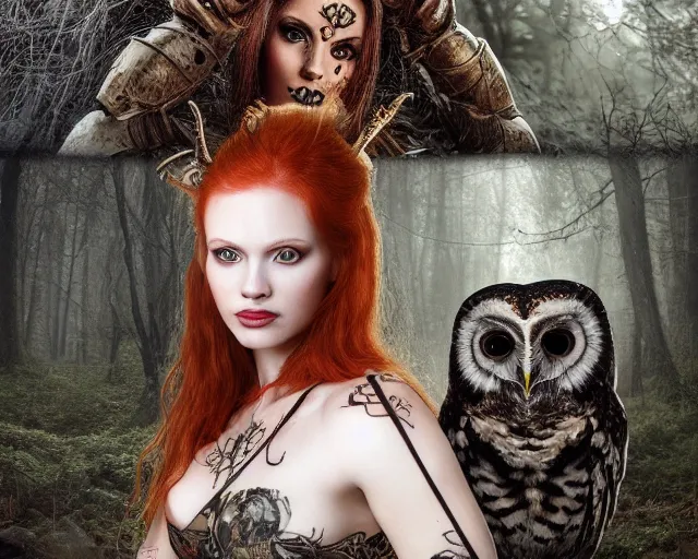 Image similar to 5 5 mm portrait photo of an armored gorgeous anesthetic redhead woman warrior with a face tattoo and horns growing from her head, and owl sitting on her shoulder in a magical forest in the style of stefan kostic, art by luis royo. highly detailed 8 k. intricate. lifelike. soft light. nikon d 8 5 0. cinematic post - processing