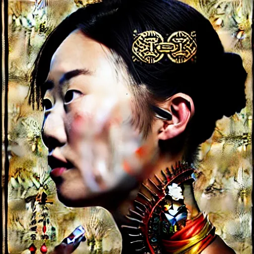 Image similar to portrait and side profile of a chinese woman :: side profile :: in ocean :: clockwork details :: gold :: blood and horror :: by vikings and Sandra Chevrier