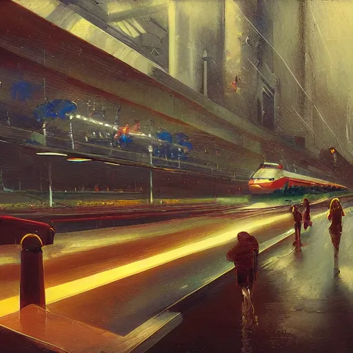 Image similar to recital, clockwork, moment, tectonic sky, skydome, bullet train, dystopian, tech noir, wet reflections, prism, atmospheric, ambient, chiaroscuro, pj crook, syd mead, livia prima, artgerm, greg rutkowski, nick alm, casey baugh