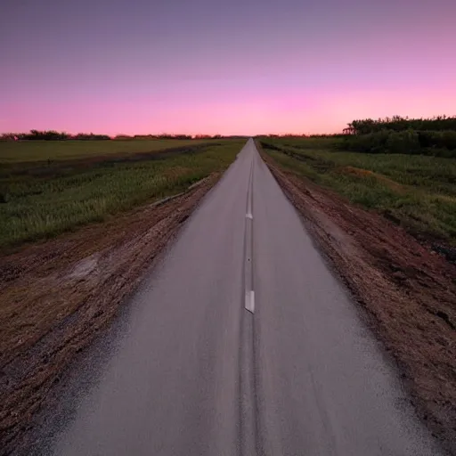 Prompt: wide angle photograph of a road cutting through an empty prairie that leading out into space, twilight, fine details