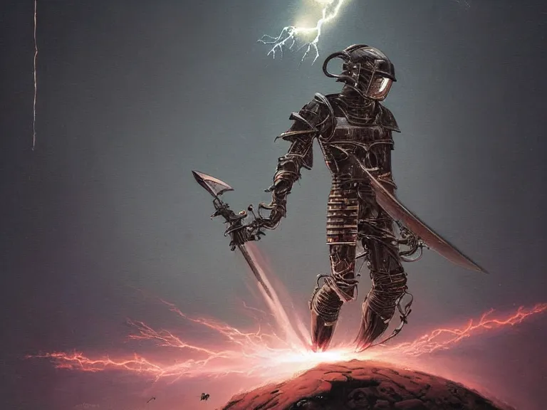 Image similar to a detailed profile painting of a bounty hunter in black knight armour and visor sharpening a sword. cinematic sci-fi poster. Cloth and metal. Welding, fire, flames, samurai Flight suit, accurate anatomy portrait symmetrical and science fiction theme with lightning, aurora lighting clouds and stars. Clean and minimal design by beksinski carl spitzweg giger and tuomas korpi. baroque elements. baroque element. intricate artwork by caravaggio. Oil painting. Trending on artstation. 8k