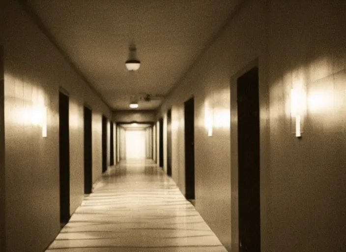 Prompt: Grainy photo of a long hallway in a hotel at night. A disfigured face peeks out of one of the rooms, horror movie still, dramatic lighting