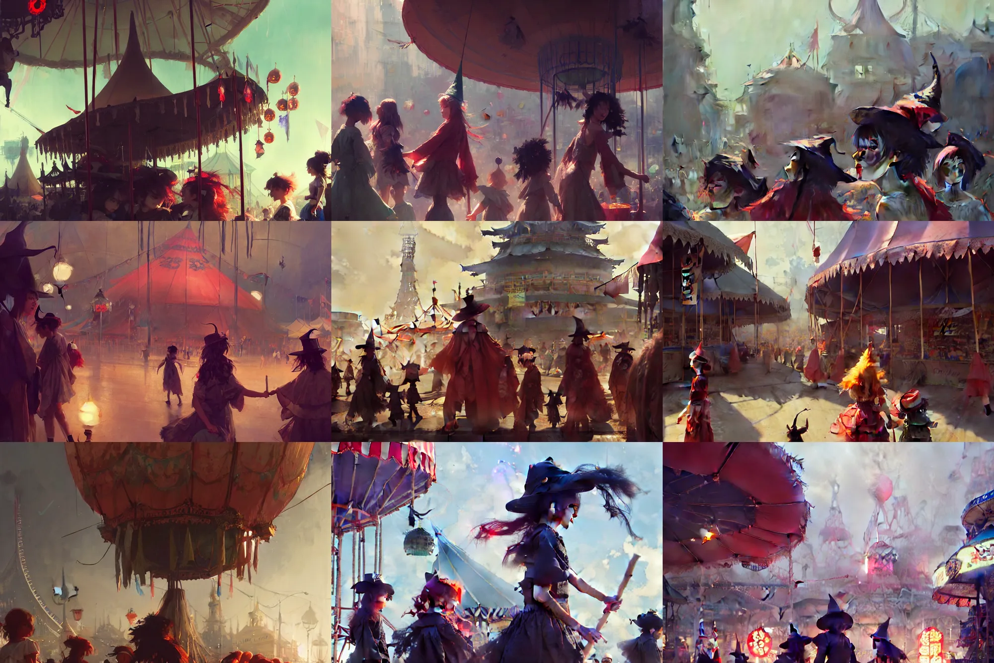 Prompt: close - up of young witches exploring small town carnival amusement, food stalls, big top circus tent, highly detailed, magical, japan, digital painting, concept art, matte, art by ruan jia and wlop and greg rutkowski and makoto shinkai, masterpiece