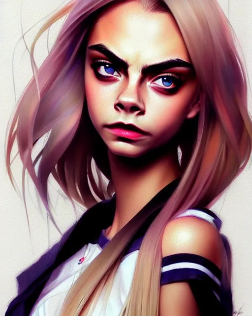 Image similar to portrait of Cara Delevingne as Anime girl cute-fine-face, full body! pretty face, realistic shaded Perfect face, fine details. Anime. realistic shaded lighting by Ilya Kuvshinov Giuseppe Dangelico Pino and Michael Garmash and Rob Rey