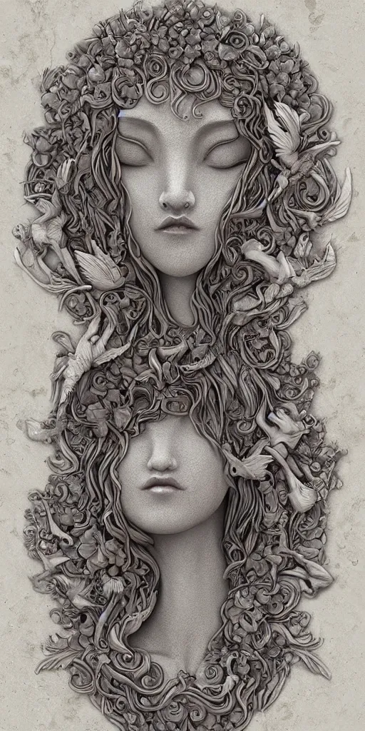 Image similar to a sculpture of mythical creatures by geenss archenti flores, elegant and beautiful female face, carved in stone, intricate, elegant, highly detailed, digital painting by audrey kawasaki, artstation, concept art, ambient occlusion, vray render,