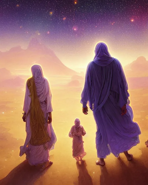 Image similar to bedouin man and woman and child in galaxy walking towards mosque surrounded by nebula, highly detailed, gold filigree, romantic storybook fantasy, soft cinematic lighting, award, disney concept art watercolor illustration by mandy jurgens and alphonse mucha and alena aenami, pastel color palette, featured on artstation