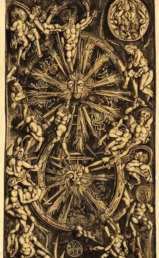 Image similar to an extremely detailed manuscript depicting a monstrous image of the god apollo transforming into a stylized sun, medieval, renaissance, manuscript, woodcut, in the style of albrecht durer, alchemical symbols