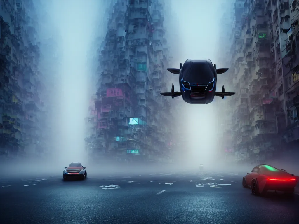 Image similar to movie still of a flying car in the middle of a foggy hong kong street, artstation, volumetric light, high detail, reflections, perfect, concept art, hdr, 8 k