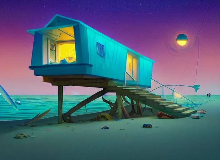 Prompt: a luminescent beach hut at night by paolo eleuteri serpieri and tomer hanuka and chesley bonestell and daniel merriam and tomokazu matsuyama, unreal engine, high resolution render, featured on artstation, octane, 8 k, highly intricate details, vivid colors, vector illustration