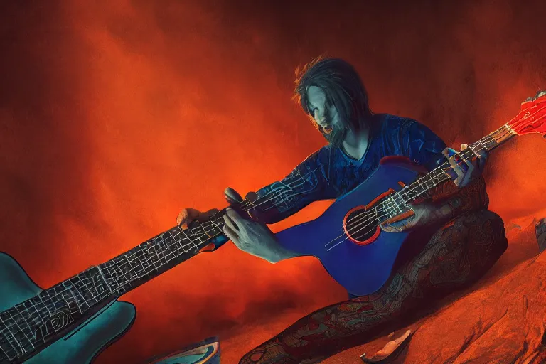 Image similar to mysterious man playing guitar near a lake, hyper detailed, orange red blue tones dramatic lighting, cgsociety, realistic, hyper detailed, insane details, intricate, dramatic lighting, hypermaximalist, golden ratio, rule of thirds, octane render, weta digital, micro details, ultra wide angle, artstation trending, 8 k,