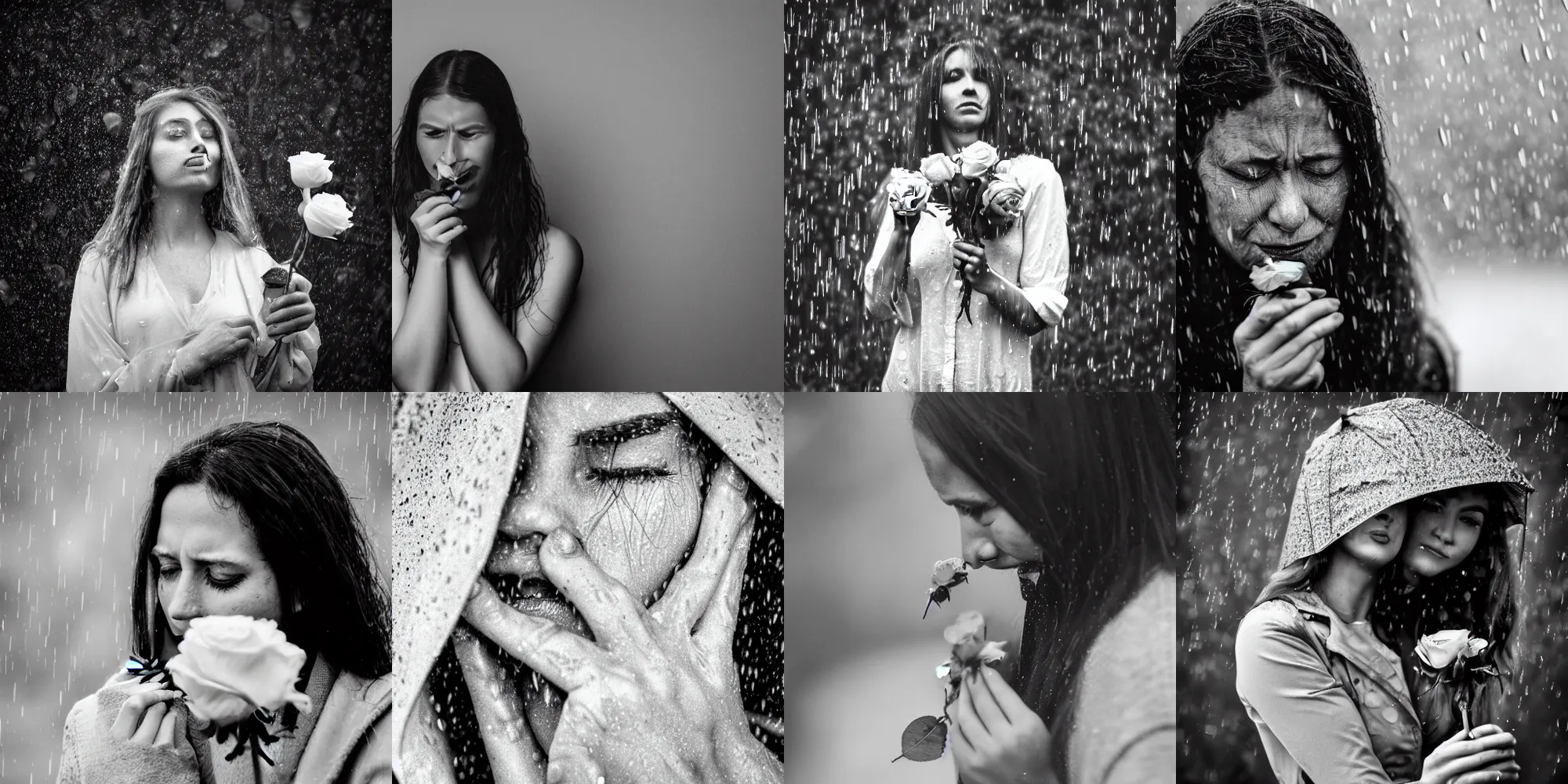 Prompt: a photorealistic image of a teary - eyed women clutching a rose in the rain, black and white photography