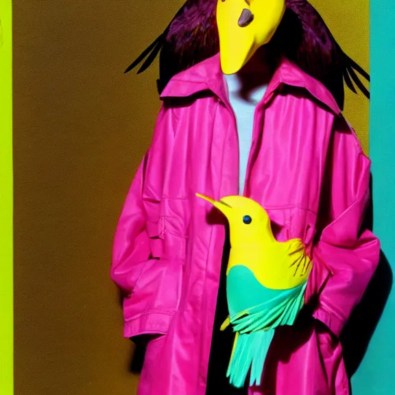 Prompt: model in plastic bird mask wearing baggy colorful 9 0 s jacket by rick owens. magazine ad. pastel brutalist background.