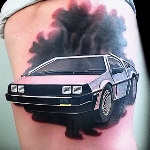 Image similar to a tattoo of delorean from back to the future,