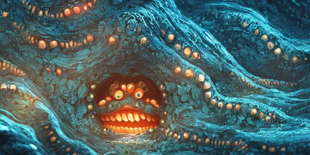 Image similar to of an intricate deep sea with strange cute friendly happy creatures with huge eyes, mouth, long tongue, round teeth and goofy face, appearing from the background, in the style of gehry and gaudi, macro lens, shallow depth of field, ultra detailed, digital painting, trending artstation, concept art, illustration, cinematic lighting, photorealism, epic, octane render