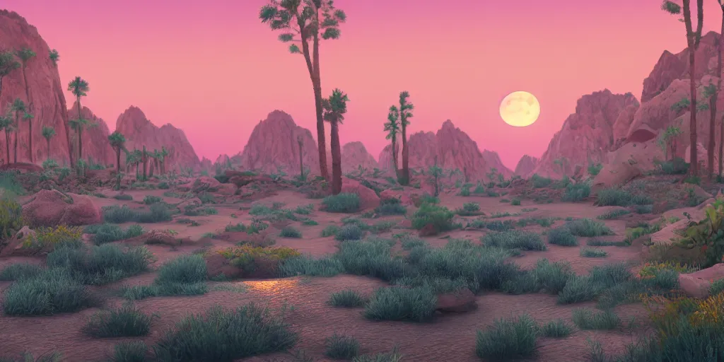 Image similar to ultra detailed and realistic painting of the sunset and a full moon in an environment of water mountains desert and forest inspired by very beautiful cute and colored disney movie backgrounds, rendered in 8 k unreal engine