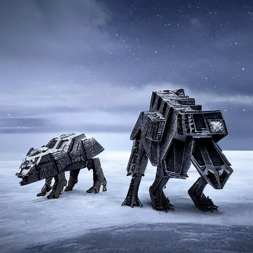 Image similar to a fusion between the tarrasque and an AT-AT, flat grey color, completely metal, walking across ice planet, hyper-realistic CG