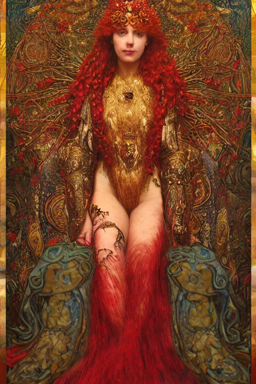 Prompt: preraphaelite upper body portrait of the scarlet queen sigil with the intent of remembering compassion lovecraftian red queen by agostino arrivabene, klimt, gustave moreau, gilded. floral, biomechanical illuminated text ornaments and gems hdr 8 k 3 d dslr hdr trending on artstation rendered with cryengine