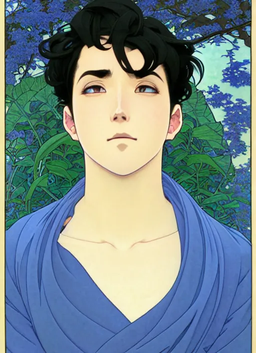 Image similar to handsome young man with short black hair, male, dressed in blue, looking down, half body shot, arms down, path traced, highly detailed, high quality, digital painting, by studio ghibli and alphonse mucha, hidari, art nouveau, chiho aoshima, posuka demizu, atey ghailan