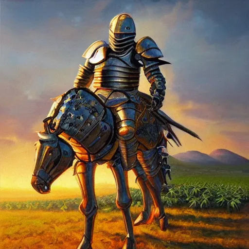 Image similar to an extremly detailed oil painting of a full armored knight, blessing a field of cannabis plants at sunset, trending on artstation, colorful