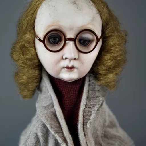 Prompt: Harry potter as an old Old worn antique doll on, white background, (EOS 5DS R, ISO100, f/8, 1/125, 84mm, postprocessed)