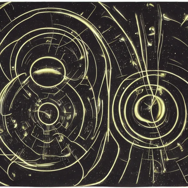 Prompt: photography of a sculpture by Lee Bontecou, a molecule model made of glowing gigantic planets hanging in a dark room, mobile, psychedelic art, city map, star map, astrology, Bib Bang, explosion, smoke, fluid simulation, sciFi