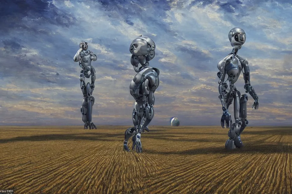 Image similar to sci-fi painting of a large alien city on the vast wheat fields, the closed back view of one humanoid robot on the ground, godrays, detailed