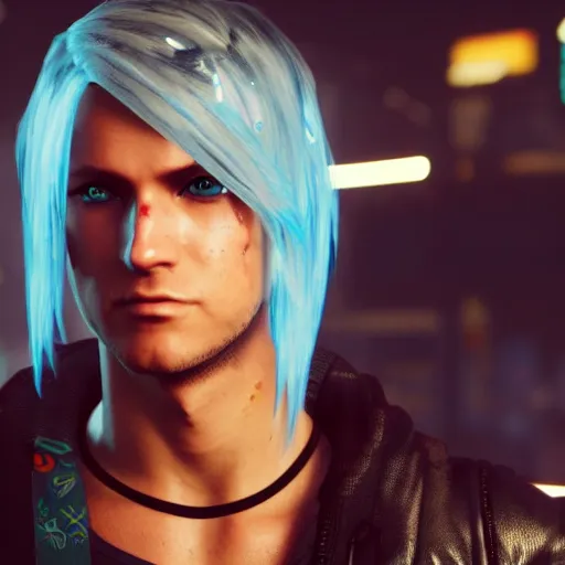 Prompt: an in-game screenshot of blonde hair blue eyed cute anime boy in Cyberpunk 2077