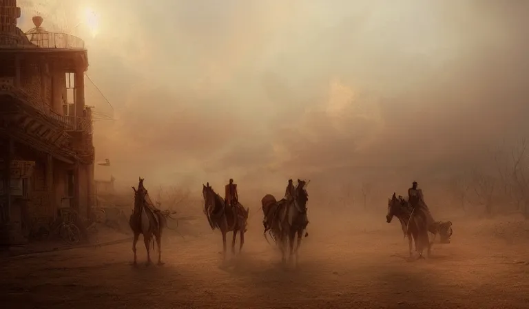 Image similar to dust storm in the old west, sharp focus, intricate, elegant, digital painting, artstation, matte, highly detailed, concept art, illustration, volumetric lighting, art by greg olsen and liz lemon swindle