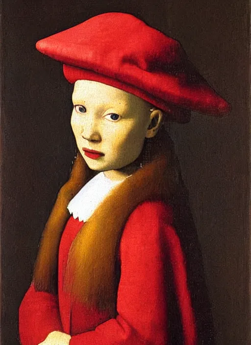 Image similar to red hat, medieval painting by jan van eyck, johannes vermeer