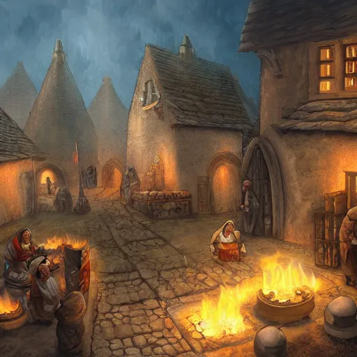 Image similar to medieval township with various workers performing different crafts, homes blacksmiths and smoked chimneys, epic, cinematic, high quality digital art, fantasy