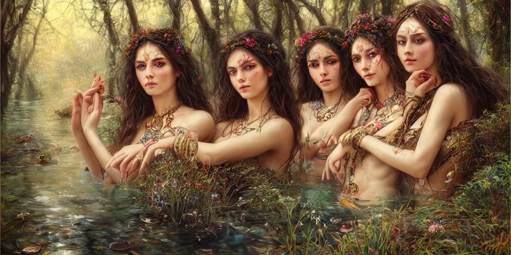 Image similar to a portrait of a group of female gypsies bathing in a forest lake by karol bak and jia ruan, beautiful detailed eyes, photorealistic, fantasy, intricate, elegant, highly detailed, digital painting, 4 k, hdr, concept art, detailed jewelry, smooth, sharp focus, illustration, art by artgerm