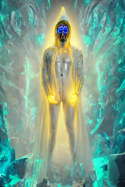 Image similar to photo of fullbody rococo and cyberpunk delicate neon crystalline sculpture of seductive muscular onyx albino marble prince nick jonas teal iridescent humanoid deity wearing yellow plastic hooded cloak holding an onyx skull in a onyx space dungeon, reclining, glowing yellow face, crown of white diamonds, cinematic lighting, photorealistic, octane render 8 k depth of field 3 d