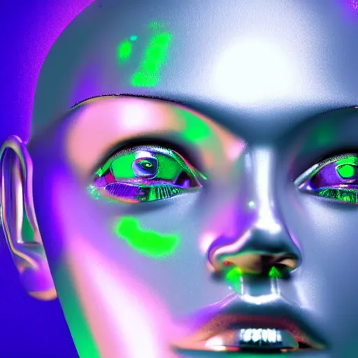 Image similar to 3d render of holographic human robotic head made of glossy iridescent, surrealistic 3d illustration of a human face non-binary, non binary model, 3d model human, cryengine, made of holographic texture, holographic material, holographic rainbow, concept of cyborg and artificial intelligence