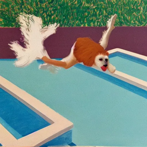 Image similar to medium shot, cream colored havanese dog jumping from a diving board into a pool at a mid century modern house in palm springs, painting by david hockney