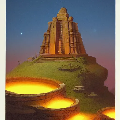 Prompt: a syd mead and ralph maquarrie style matte painting of an ancient indian temple ruins with candles lit inside, on top of a tropical hill, night