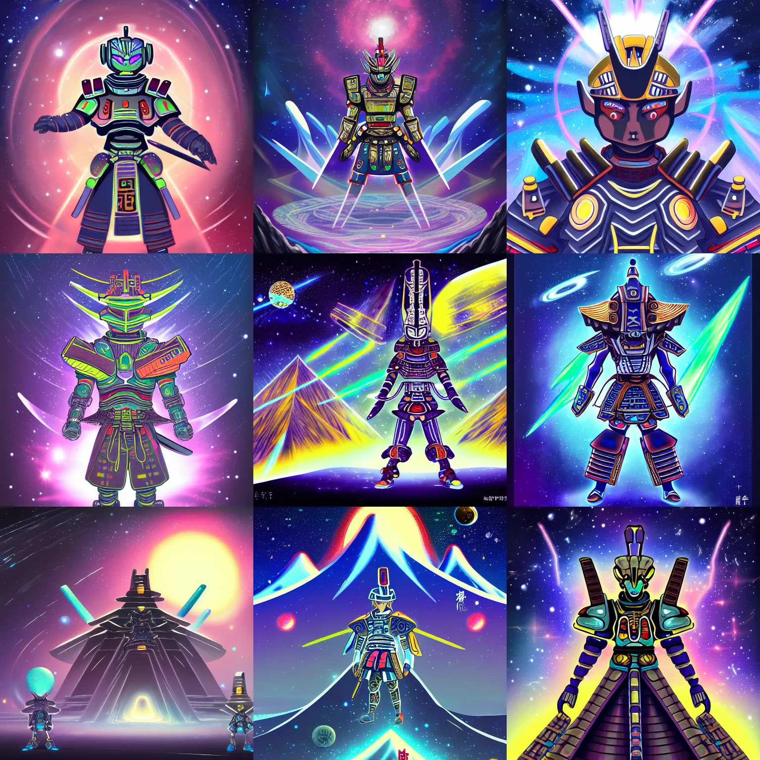 Prompt: a detailed fine art illustration of an extraterrestrial wearing futuristic samurai armor pyramids and galaxies background by ken sugimori in the style of dark fantasy, award - winning art, artstationhd