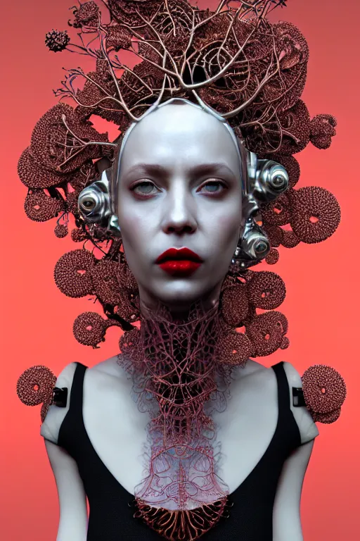 Image similar to complex 3 d render, hyper detailed ultrasharp beautiful biomechanical mandelbrot fractal steampunk filigree mesh wire female cyborg portrait with a porcelain profile face, albino afro, red lips, rim volumetric lights, elegant crown with hydrangea foliage leaves stems roots, alexander mcqueen haute couture, art nouveau fashion, hyperrealistic, octane render, 8 k