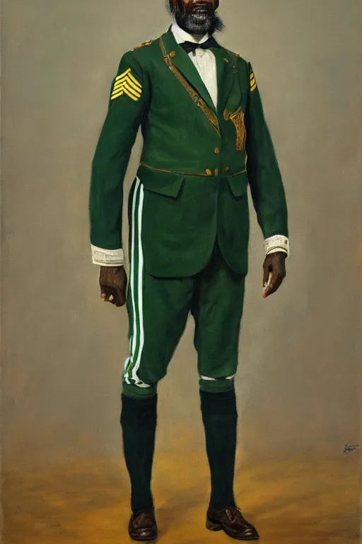 Image similar to full body portrait of the dictator of the boston celtics, bill russell, 1 8 8 9, in full military garb, oil on canvas by william sidney mount, trending on artstation