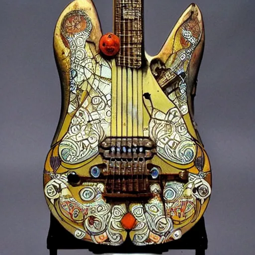 Image similar to photo of an eccentric steampunk electric guitar with ornaments, ultra realistic, mucha, art deco, art nouveau, neo goth, goth, cyberpunk