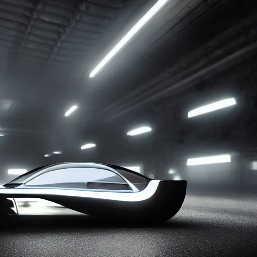 Image similar to car and driver photo, a sleek futuristic powerful shiny metalic hovercar modeled after a 1 9 7 0's dodge charger with giant intake valves, flying at high speed through a futuristic brutalist detroit cityscape, stark, moody, ray - traced lighting and reflections, atmospheric fog, light beams