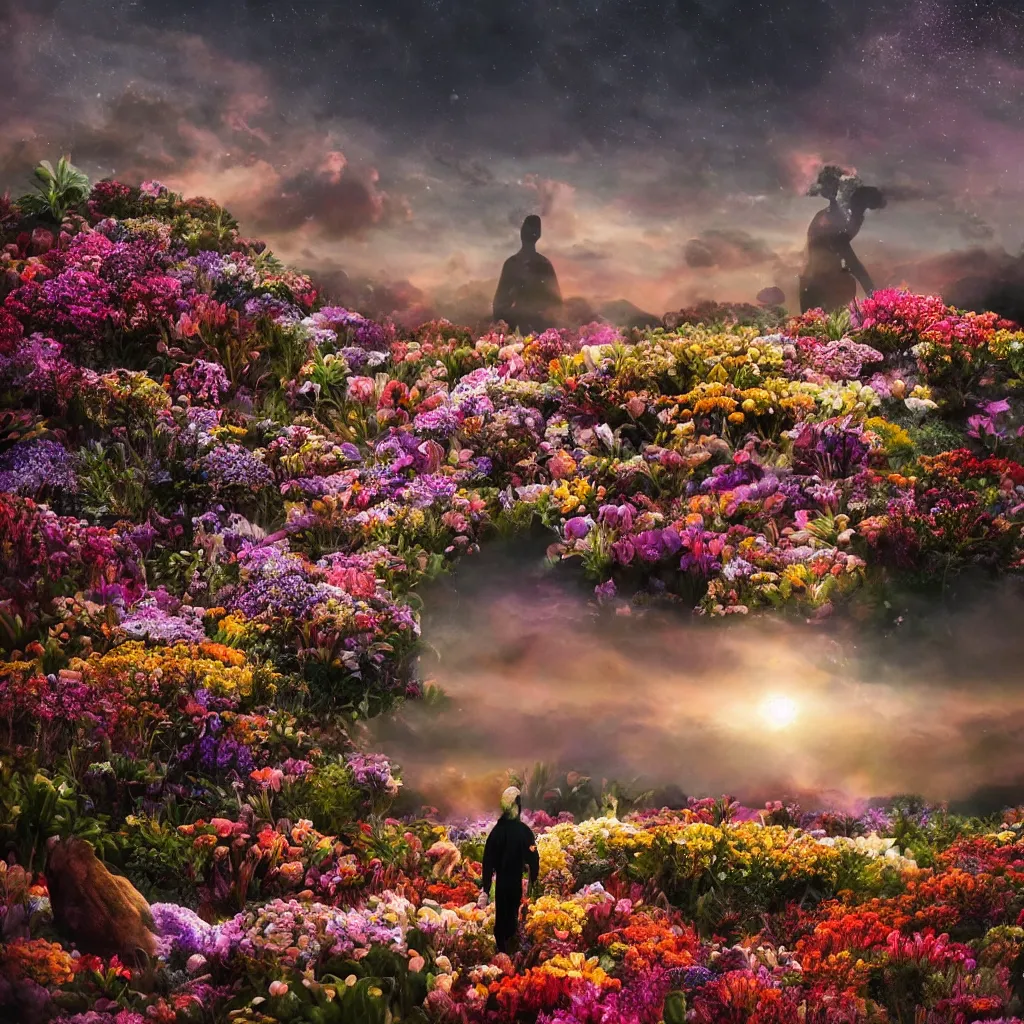 Image similar to a planet of various flowers, fungus and plants, in which the human figure is dressed in something magical and impressive, inside the picture is infinity, sunset light, Atmospheric phenomenon, artistic photography, muted colors, conceptual, long exposure outside the city