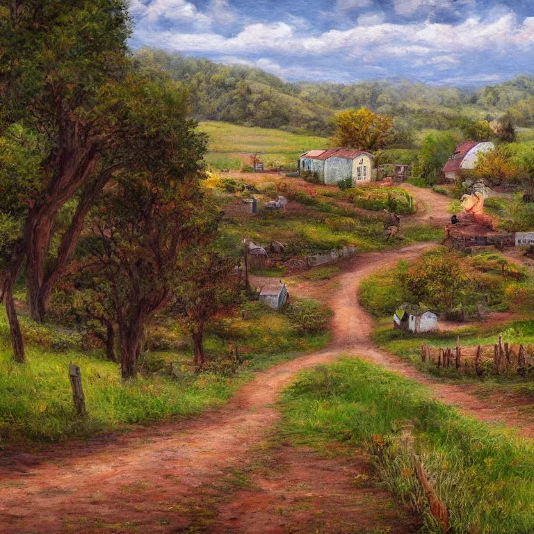 Prompt: view down a dirt road of a valley farmstead with gardens by Walt Curlee, fantasy art, folk art, 4k