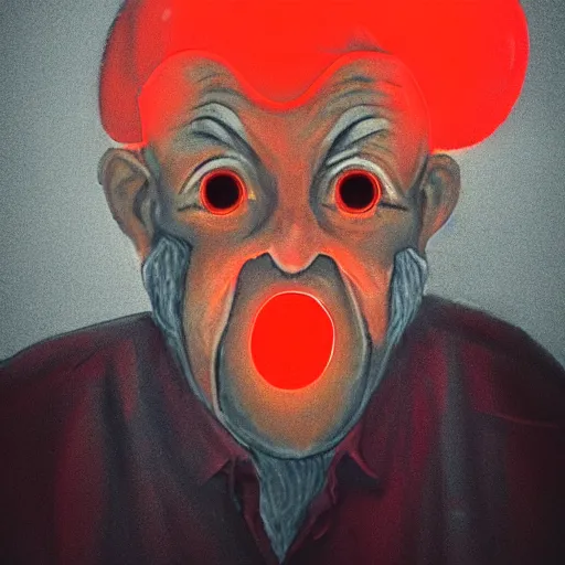 Image similar to an old man with glowing red eyes